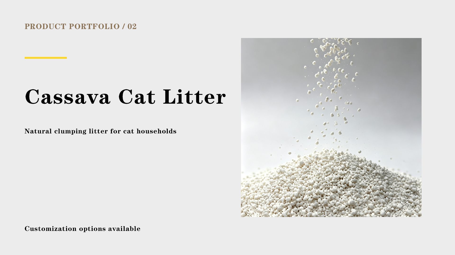 Cassava cat litter pouring into a pile, product card