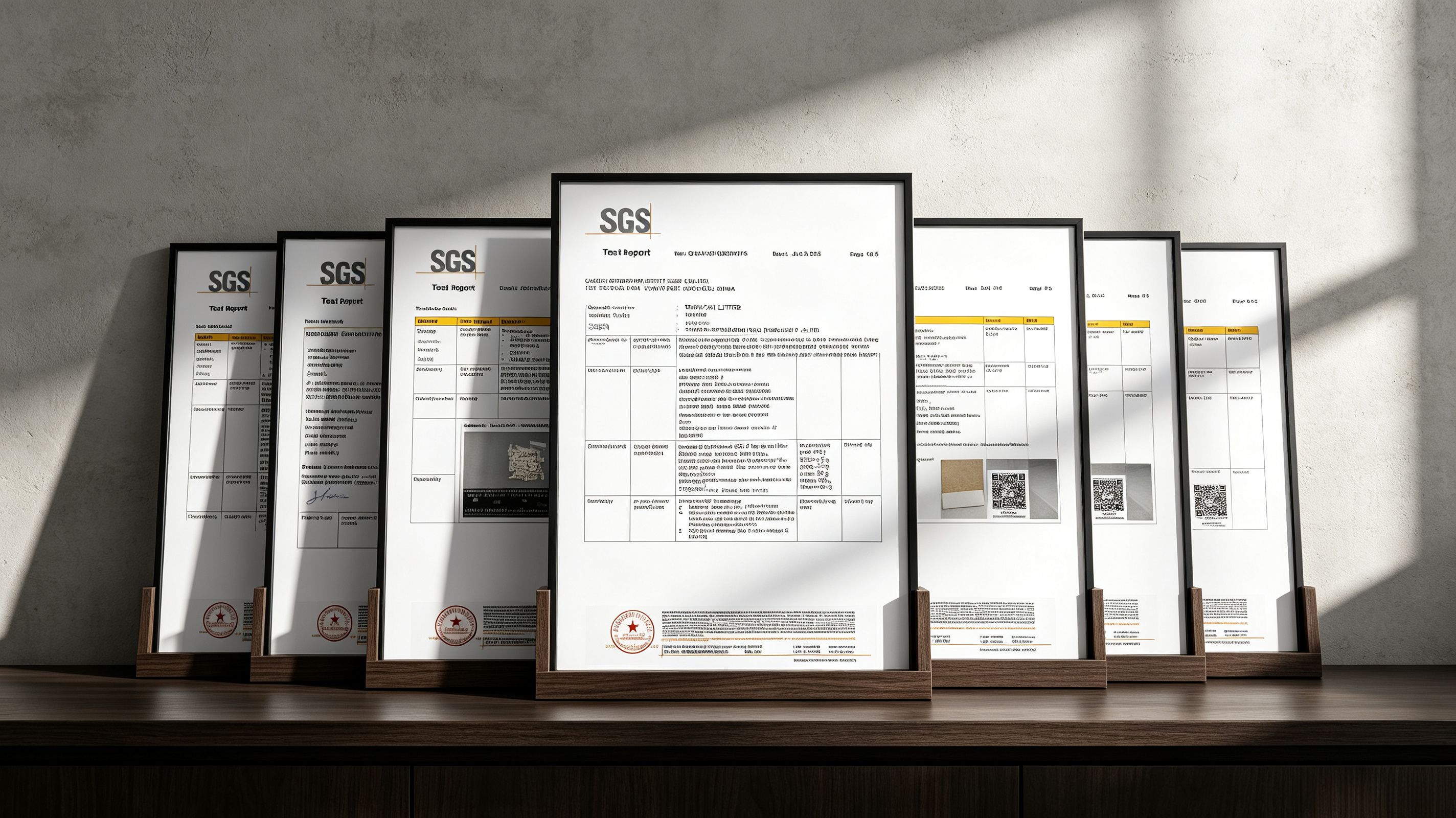 SGS test reports for the litter line, framed and displayed